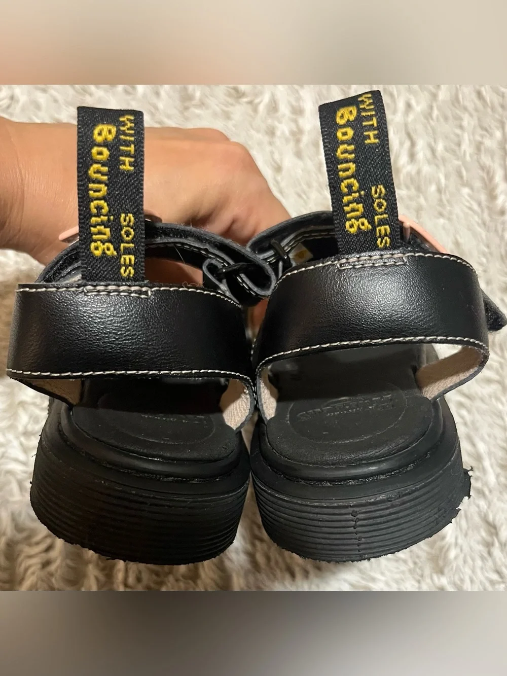 Dr. Martens Black Kids Sandals with Pink Glitter Hearts